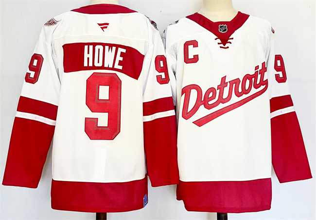 Men%27s Detroit Red Wings #9 Gordie Howe White Red 2024-25 With C Patch Stitched Jersey